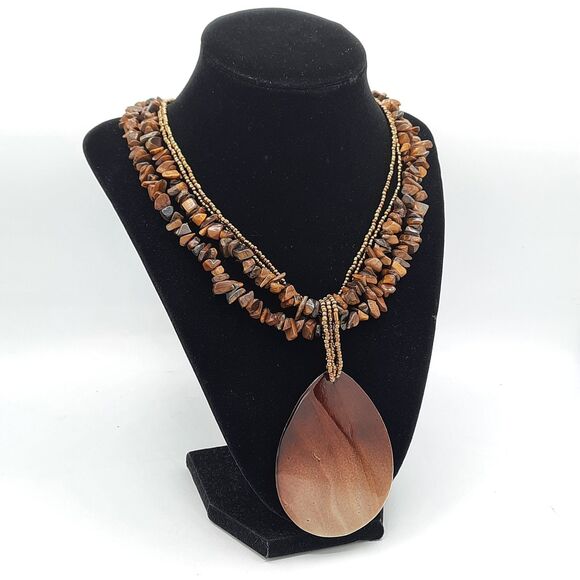 Tigers Eye Gemstone Multi-Strand Irregular Chip Large Tear Drop Pendant Necklace - Picture 3 of 4